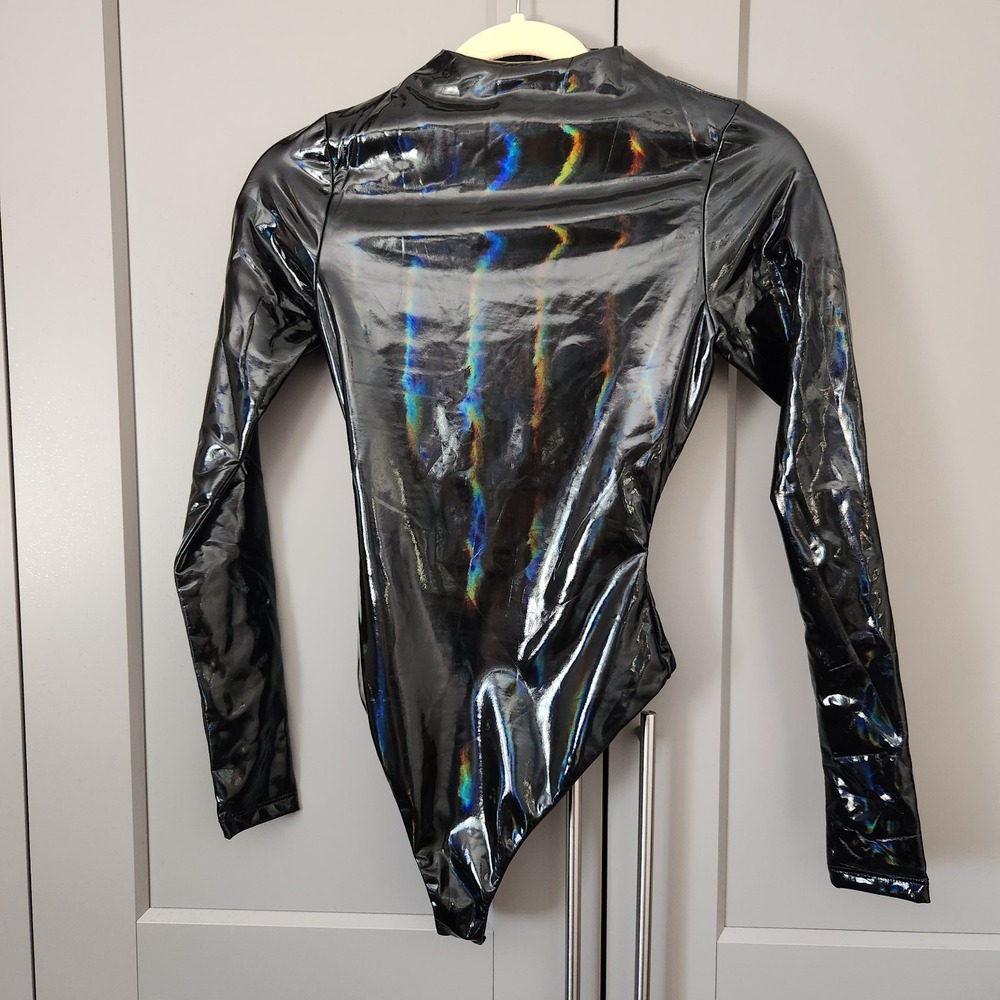 New Naked Wardrobe Black Holographic Vinyl Liquid Faux Leather Mock Neck XS
